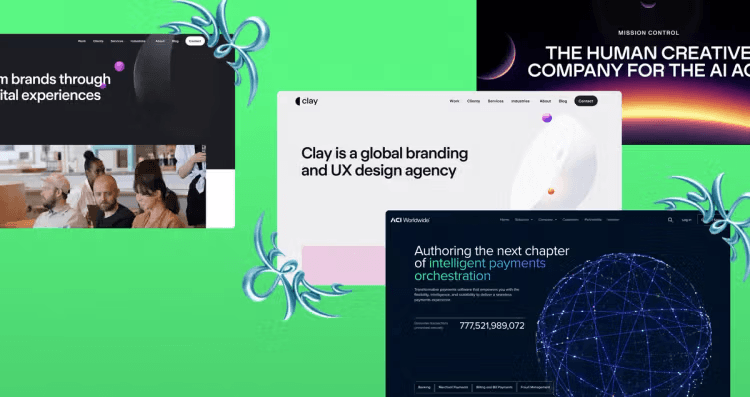 Collage of product screens on a green backdrop